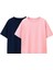 Basic 2'li Kız Çocuk Bisiklet Yaka T-Shirt ( Lacivert - Pembe ) 1