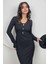 Mira Kadın Uzun Kollu V Yaka Düğmeli Siyah Slim Fit Triko Elbise 2
