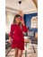 Kadın Uzun Kollu Bisiklet Yaka Önden Volanlı Ithal Krep Elbise S-M-Kırmızı 3