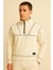Crowe Çizgi Şeritli Oversize Yarım Fermuar Polar Erkek Sweatshirt - Ekru 3