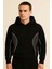 Frank Parçalı Kontrast Desenli Kapüşonlu Oversize Cepli Polar Erkek Sweatshirt - Siyah 2