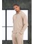 Scuba Modal Kumaş Relaxed Fit Yarım Fermuarlı Polo Yaka Erkek Sweatshirt - Bej 5