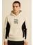Frank Parçalı Kontrast Desenli Kapüşonlu Oversize Cepli Polar Erkek Sweatshirt - Ekru 3