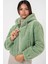 Kadın BDART Sahte Kürk Leopar Desenli Kapşonlu Crop Hoodie Zümrüt Yeşili 3