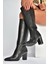 V398589603 Siyah Hakiki Deri Kalın Topuklu Kadın Çizme 4