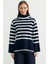 Yünlü Tam Balıkçı Çizgili Triko Kazak - Lacivert 1