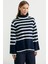Yünlü Tam Balıkçı Çizgili Triko Kazak - Lacivert 2