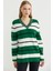 Çizgili V Yaka Triko Kazak - Yeşil 1