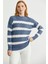 Dik Yaka Çizgili Triko Kazak - Indigo 4