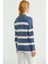 Dik Yaka Çizgili Triko Kazak - Indigo 5