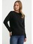 Saç Örgü Motifli Yuvarlak Yaka Triko Kazak - Siyah 3