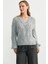Delikli V Yaka Pullu Triko Kazak - Gri 3