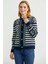 Metal Düğmeli Çizgili Yünlü Triko Hırka - Lacivert 2