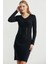 Düğme Detaylı V Yaka Triko Elbise - Siyah 2