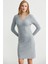 Düğme Detaylı V Yaka Triko Elbise - Gri 3