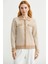 Çizgi Detaylı Yakalı Triko Ceket - Bej 1