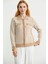 Çizgi Detaylı Yakalı Triko Ceket - Bej 2