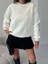 Kadın Düz Kırık Beyaz Basic Baskısız Bisiklet Yaka Oversize Sweatshirt 3