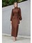 Medy Zincir ve Drapeli Abiye Elbise-Kahve 1