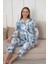 Çiçek Desenli Kadın Pijama Takımı - Boydan Düğmeli Likralı Viskon 2