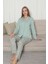 Önden Düğmeli Kadın Pijama Takımı - Su Yeşili Çiçek Desenli Uzun Kol Likralı Rink Viskon 2