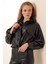 Kadın Siyah Düz Desenli Crop Suni Deri Ceket – %100 Polyester, Şık ve Rahat Günlük Tasarım 9