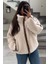 Bej Şerit Detaylı Dik Yaka Kadın Peluş Mont MG2260 3