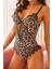 Kadın Kahverengi Leopar Desenli V Yaka Desteksiz Body – %90 Polyester, %10 Likra Rahat Kesim 1
