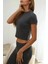 Kadın Slim Fit Triko Crop Bluz Grey 2