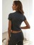 Kadın Slim Fit Triko Crop Bluz Grey 3