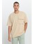 Erkek Bej Oversize Fit Bol Kesim Pamuklu Baskılı Bisiklet Yaka Tişört 1