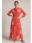 Kadın Kırmızı Beyaz Desenli Uzun Kollu Bele Kadar Düğmeli Maxi Gömlek Elbise 1