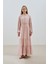 Uzun Büzgülü Şifon Elbise Pudra 1