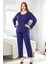 8809 Kadın Büyük Beden Uzun Kollu Dantel Detaylı Pijama Takım-Lacivert 2