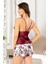 3122 Kadın Saten Ip Askılı Şortlu Pijama Takım-Bordo 2