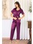 4111 Kadın Dantel Detaylı Saten Kısa Kollu Pijama Takım-Mor 1