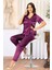 4111 Kadın Dantel Detaylı Saten Kısa Kollu Pijama Takım-Mor 2