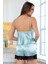 3102 Kadın Saten Degaje Yaka Ip Askılı Şortlu Pijama Takım-Mint 3