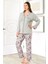 8802 Kadın Büyük Beden Uzun Kollu Önden Düğmeli Pijama Takım-Gri 1