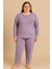 Kadın 05113 Büyük Beden % 100 Pamuk Raporlu Interlok Pijama Takımı Mor 1
