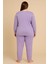 Kadın 05113 Büyük Beden % 100 Pamuk Raporlu Interlok Pijama Takımı Mor 2