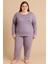 Kadın 05114 Büyük Beden % 100 Pamuk Raporlu Interlok Pijama Takımı Mor 1