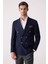 Erkek Lacivert Regular Fit Yün Puntolu Kruvaze Blazer Ceket 1