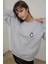 Kadın Rahat Hayvan Nakışlı Şardonlu Bisiklet Yaka Hoodie Grey 1