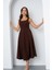 Kadın Kahverengi Kare Yaka Incili Midi Elbise 3