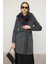 Şal Yaka Kürklü Belden Bağlamalı Kaban Koyu Gri 3093 2