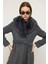 Şal Yaka Kürklü Belden Bağlamalı Kaban Koyu Gri 3093 5