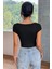 Kadın Siyah Kare Yaka Yarım Kol Göğüs Dekolteli Crop Top Bluz 2