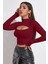 Kadın Bordo Göğüs Dekolteli Uzun Kollu Cut Out Crop Top Bluz 5