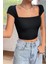 Kadın Siyah Kare Yaka Yarım Kol Göğüs Dekolteli Crop Top Bluz 4